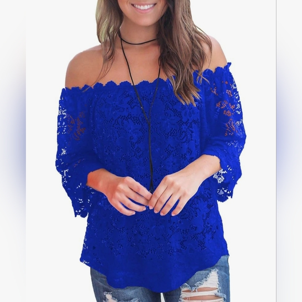 MIHOLL Women's Lace Off Shoulder Tops Casual Loose Blouse Shirts - Picture 2 of 6